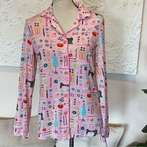 Nick & Nora SEWING print Long Sleeve Collared PJ Tops Lounge Shirts Sz XS NWT